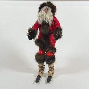 Vintage Old World Style Santa Skiing Plush Figurine Red Outfit Faux Fur Trim
